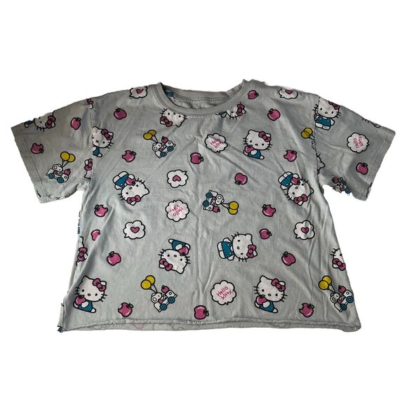 Hello Kitty Women’s Cut Off Hem T-Shirt Gray Graphic All Over Print Medium - Picture 2 of 12